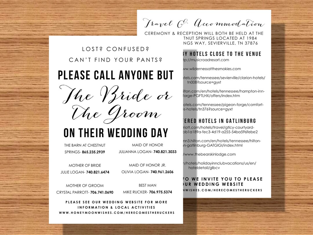 Wedding Day Contact Sheet, Please Call Anyone but the Couple on Their Wedding Day Contact List