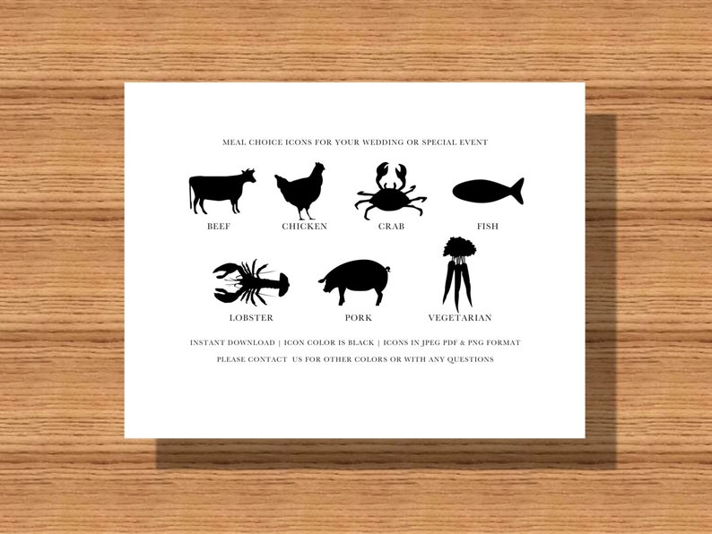 Digital Meal Choice Icons for Your Special Event Wedding Meal Choice Icons Lobster Beef Fish Chicken Crab Pork and Vegetarian Icons