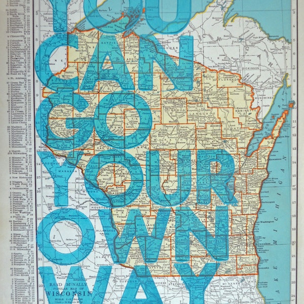 Letterpress Print on an Antique Atlas Page of Wisconsin