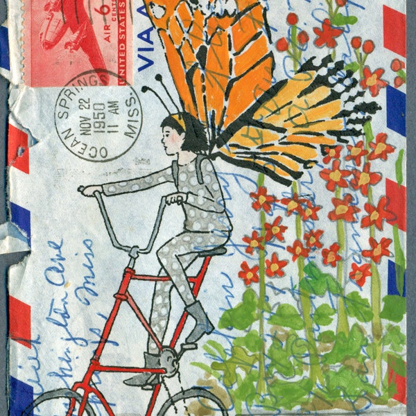 Butterfly on a Tall Bike: a Small and Affordable Original Art Piece on 1950 Air Mail Envelope