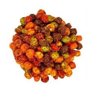 May include: A pile of seasoned peanuts in various colors, including orange, green, brown, and red. The peanuts appear to be coated with a flavorful seasoning, creating a visually appealing and appetizing snack.