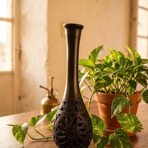 Hand-Carved Barro Negro Vase, Oaxacan Black Clay Pottery, 16" Tall