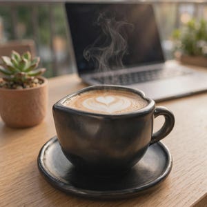 May include: A black heart-shaped ceramic coffee cup and matching saucer containing a hot latte with a heart-shaped foam design. Wisps of steam rise from the surface of the coffee, which is served in a dark, matte-finished vessel with a curved handle.