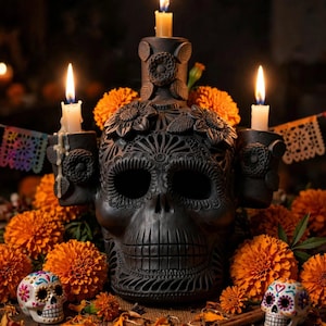 May include: A dark grey ceramic skull candle holder featuring intricate floral carvings and three lit white taper candles. The skull is surrounded by bright orange marigold flowers and two smaller, colourful painted sugar skull figurines.