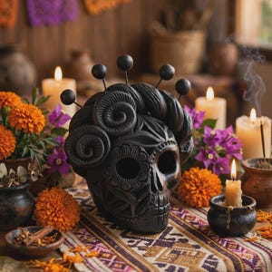 Oaxaca Barro Negro Frida Kahlo Skull | Handmade Mexican Black Clay Day of the Dead Calavera | Dia de los Muertos Decor 5"