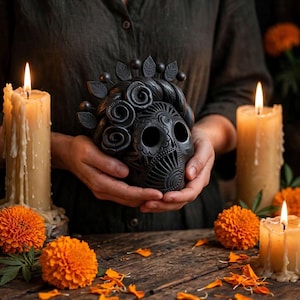 May include: A matte black decorative skull sculpture featuring intricate carved floral patterns and a crown of sculpted leaves and spheres. The skull has hollow eye sockets and a detailed jawline, showcasing a dark, textured finish throughout.