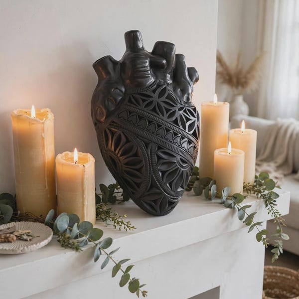 Hand-Carved Barro Negro Sacred Heart Wall Decor – Oaxaca Black Clay 12”x8”x3.5