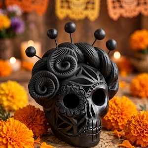 Oaxaca Barro Negro Frida Kahlo Skull | Handmade Mexican Black Clay Day of the Dead Calavera | Dia de los Muertos Decor 5"