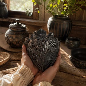 Puede incluir: Un objeto de cerámica gris oscuro en forma de corazón con intrincados patrones geométricos en relieve, que incluyen círculos, líneas y motivos de rayos de sol. La superficie tiene un acabado mate con sutiles reflejos y texturas detalladas.