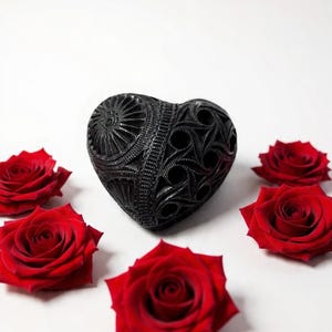 May include: A black heart-shaped ornament with detailed carved designs. Six bright red roses encircle the object, set against a plain white backdrop. The piece showcases textured surfaces and a romantic aesthetic.