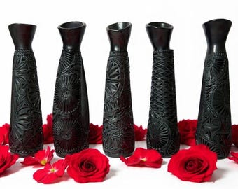 Ręcznie robiony wazon Barro Negro z Oaxaca | Ręcznie rzeźbiony wazon z czarnej gliny | Hecho a Mano con Amor