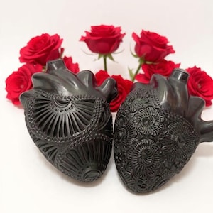 Hand-Carved Barro Negro Sacred Heart | Oaxacan Black Clay Art | Handmade Mexican Folk Art Decor | Wall or Table Centerpiece