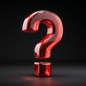 May include: A vibrant red question mark, presented against a dark backdrop. The symbol has a transparent, glass-like appearance, with light reflecting off its surface. The image is a 3D rendering.