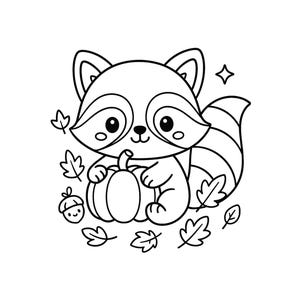 Pu&ograve; includere: Illustrazione in bianco e nero di un procione dei cartoni animati che tiene in mano una zucca, circondato da foglie e una ghianda. Il procione ha una coda a strisce e sorride. Una stella &egrave; nell'angolo in alto a destra. Tema autunnale.