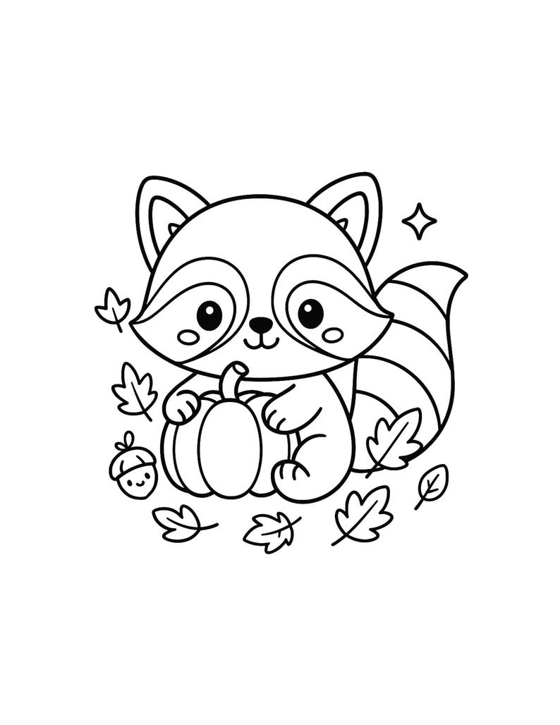 Pu&ograve; includere: Illustrazione in bianco e nero di un procione dei cartoni animati che tiene in mano una zucca, circondato da foglie e una ghianda. Il procione ha una coda a strisce e sorride. Una stella &egrave; nell'angolo in alto a destra. Tema autunnale.