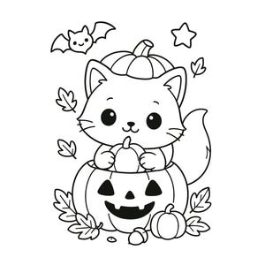 Pu&ograve; includere: Illustrazione in bianco e nero di un simpatico gatto seduto dentro una zucca intagliata. Il gatto tiene in mano una piccola zucca. Un pipistrello, una stella e delle foglie sono inclusi nel design a tema Halloween.