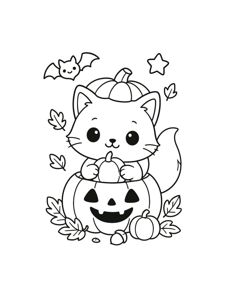 Pu&ograve; includere: Illustrazione in bianco e nero di un simpatico gatto seduto dentro una zucca intagliata. Il gatto tiene in mano una piccola zucca. Un pipistrello, una stella e delle foglie sono inclusi nel design a tema Halloween.