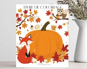 Libro da colorare autunnale per adulti | 45 rilassanti disegni di foglie, zucche, animali e mandala | PDF antistress