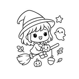Pu&ograve; includere: Illustrazione in bianco e nero di una strega dei cartoni animati su una scopa. La strega indossa un cappello a punta e tiene in mano una zucca. Sono inclusi anche un fantasma, una stella, foglie, una ghianda e zucche.