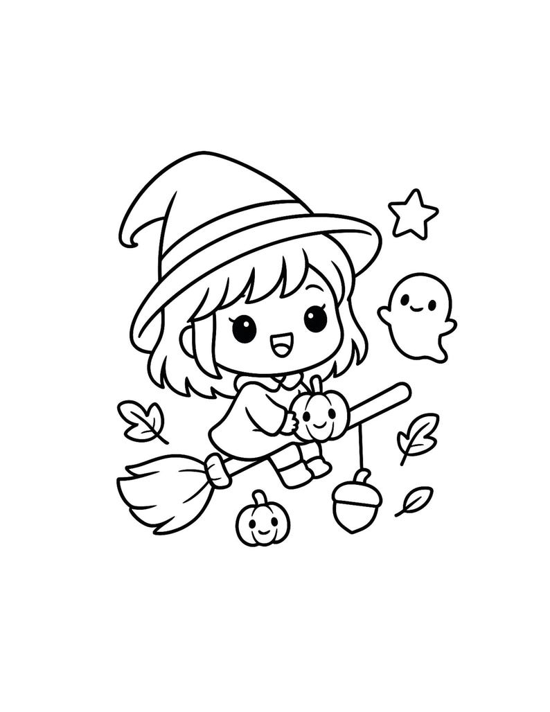Pu&ograve; includere: Illustrazione in bianco e nero di una strega dei cartoni animati su una scopa. La strega indossa un cappello a punta e tiene in mano una zucca. Sono inclusi anche un fantasma, una stella, foglie, una ghianda e zucche.