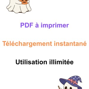 Pu&ograve; includere: Grafica digitale a tema Halloween con due fantasmi dei cartoni animati. Uno tiene in mano una zucca, l'altro mescola una pozione. Il testo include "PDF da stampare", "Download istantaneo" e "Utilizzo illimitato".