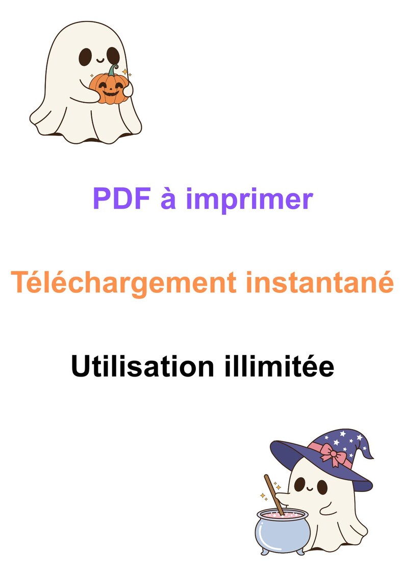 Pu&ograve; includere: Grafica digitale a tema Halloween con due fantasmi dei cartoni animati. Uno tiene in mano una zucca, l'altro mescola una pozione. Il testo include "PDF da stampare", "Download istantaneo" e "Utilizzo illimitato".