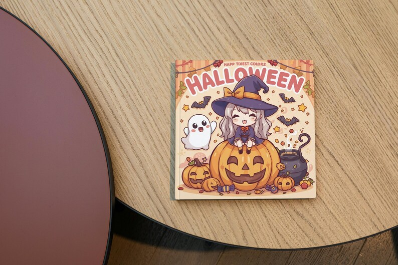 Pu&ograve; includere: Un libro da colorare a tema Halloween con una strega dei cartoni animati, un fantasma e zucche. La copertina presenta la parola "Halloween" e il testo "Happy Forest Colors". Il libro &egrave; su una superficie di legno.