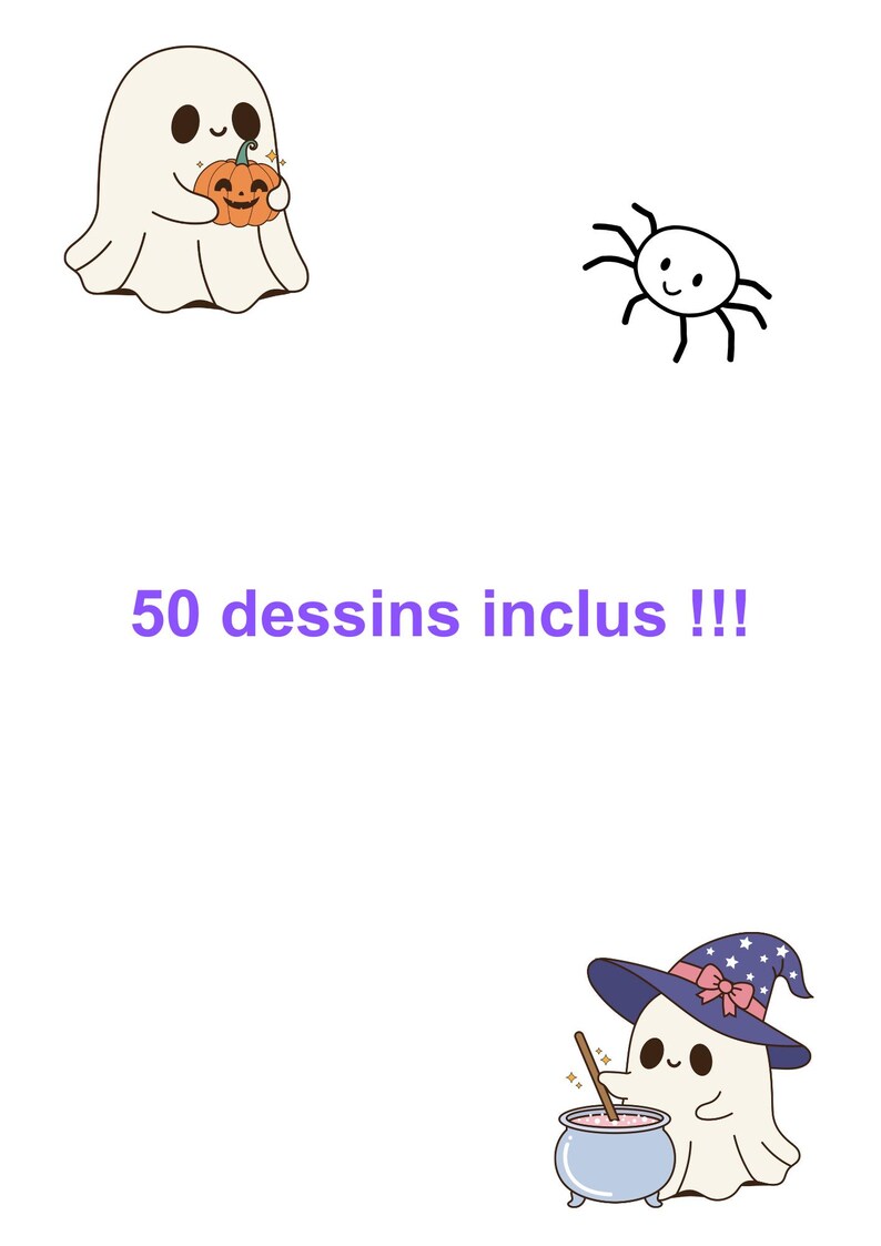 Pu&ograve; includere: Sfondo bianco con illustrazioni a tema Halloween. Include un fantasma con una zucca, un ragno e un fantasma con un cappello da strega che mescola un calderone. Il testo recita "50 dessins inclus !!!".