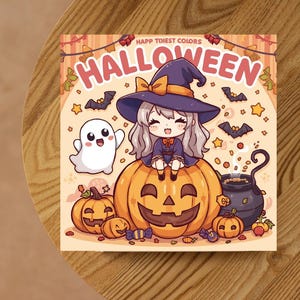 Pu&ograve; includere: Illustrazione a tema Halloween con una strega sorridente seduta su una zucca intagliata. L'immagine include un fantasma, pipistrelli, stelle e un calderone. Il testo "HALLOWEEN" &egrave; ben visibile.