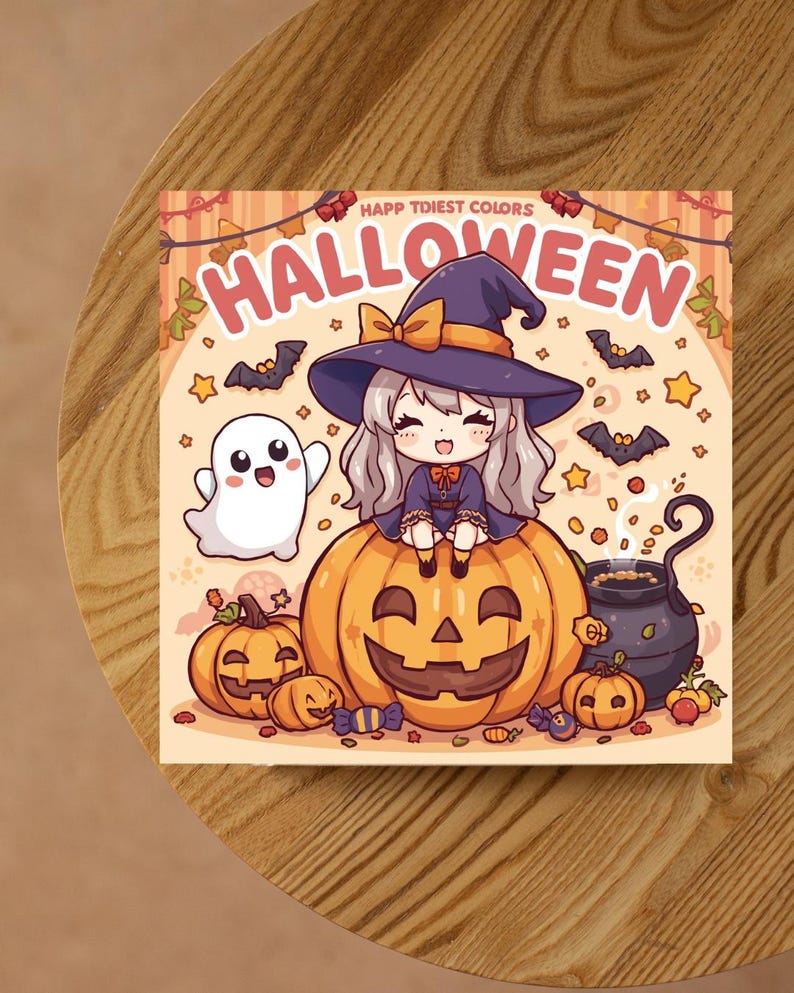 Pu&ograve; includere: Illustrazione a tema Halloween con una strega sorridente seduta su una zucca intagliata. L'immagine include un fantasma, pipistrelli, stelle e un calderone. Il testo "HALLOWEEN" &egrave; ben visibile.