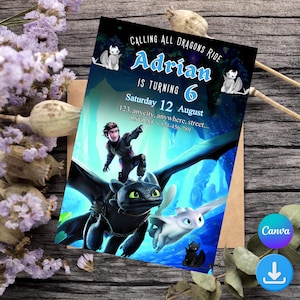 Pu&ograve; includere: Un invito personalizzato a tema draghi. L'invito recita "Calling All Dragons Ride" e include il nome "Adrian" e l'et&agrave; "6". La data &egrave; "Sabato 12 agosto". Il design include illustrazioni di draghi.