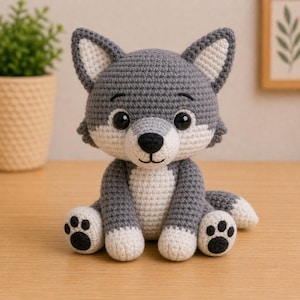 May include: A handmade crochet wolf toy in gray and white. The wolf has large black eyes, a black nose, and a smiling mouth. The paws have black paw prints. The toy is sitting on a wooden surface.