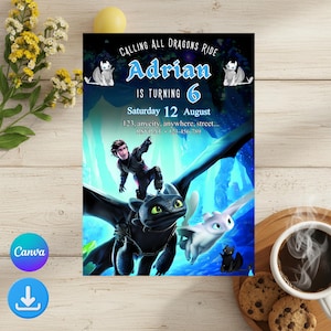 Peut inclure: Une invitation d'anniversaire sur le thème de Dragons. Le design présente le texte "Calling All Dragons Ride" et "Adrian a 6 ans". L'invitation comprend des dragons animés et un personnage chevauchant un dragon, avec les détails de l'événement.