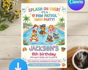 Editable Paw-ty Birthday Invitation | Puppy Party Invite | Canva Digital Download | Kids Birthday Party Invitation | paw-ty in pool