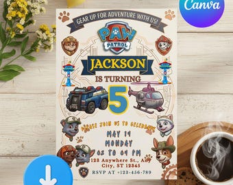 Editable Paw-ty Birthday Invitation Template, Kids Party Invitation, Puppy Patrol Pup Boys & Girls Bday, Instant Download