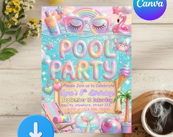 Pastel Pool Party Birthday Invitation Template, Glitter Summer Swim Party Invite Girls, Holographic Pool Birthday Editable Canva Download