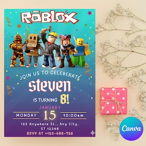 Roblox Invitation, Roblox Invite, Game Party, Roblox Boys Birthday Invitation Template, Game Birthday, Kids Roblox, Editable Template, Canva