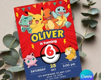 Editable Pokemon Invitation, Pokemon Birthday Invitation, Printable Birthday Party Invitations, Digital Bday Party Invite Template