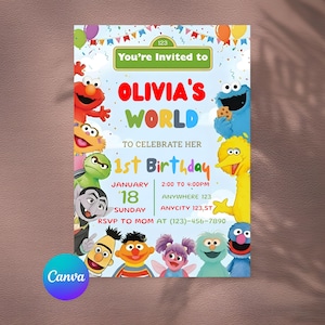 May include: Colorful birthday invitation featuring Sesame Street characters. The invitation reads "Olivia's World" and includes details for a first birthday celebration, such as the date, time, and location. The Canva logo is in the bottom left corner.