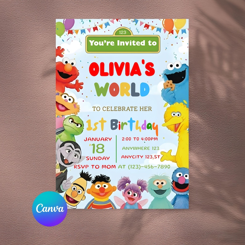 May include: Colorful birthday invitation featuring Sesame Street characters. The invitation reads "Olivia's World" and includes details for a first birthday celebration, such as the date, time, and location. The Canva logo is in the bottom left corner.