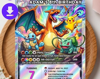 Pokemon Card Birthday Invitation, Bulbasaur Pikachu Kids Birthday Invite, Editable Canva Template (Digital Download)