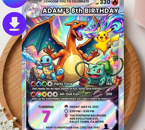 Pokemon Card Birthday Invitation — Bulbasaur & Pikachu Kids Invite Canva Template