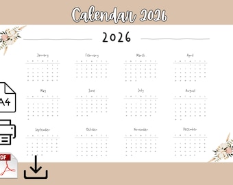 2026 Kalender 2026 Monatsplaner Landschaft Eleganter Monatskalender Sonntag Start 2026 Wandkalender Monatlich DRUCKBARE PDF