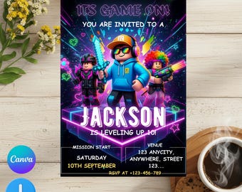 Invitación de Roblox, fiesta de juegos, plantilla de invitación de cumpleaños para chicos de Roblox, cumpleaños de juegos, Roblox para niños, plantilla editable, Canva