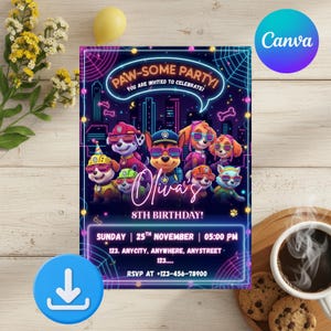 Op de afbeelding: Een Paw Patrol-thema verjaardagsfeest uitnodiging met de tekst "PAW-SOME PARTY!" en "Olivia's 8e verjaardag!" De uitnodiging toont cartoonhonden met zonnebrillen en een skyline-achtergrond. Bevat feestdetails.