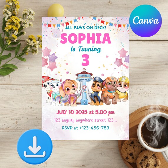 Editable Pink Paw Patrol Birthday Invitation| Pink Pawty Birthday Invite| Girls Birthday| Pink Puppy Invite| Pink Paw Patrol Birthday| Canva