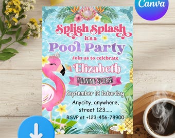 Editable Pool Party Birthday Invitation Neon Glow Swim Invite for girls Blue Green Pool Birthday Canva Template Digital Download Evite girls