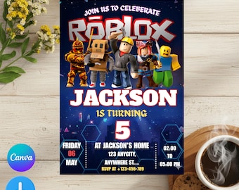Invitación de Roblox, fiesta de juegos, plantilla de invitación de cumpleaños para chicos de Roblox, cumpleaños de juegos, Roblox para niños, plantilla editable, Canva