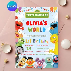 May include: A colorful birthday invitation featuring Sesame Street characters. The invitation reads "OLIVIA'S WORLD" and "1st Birthday". The design includes Elmo, Cookie Monster, Big Bird, and other characters, with event details.