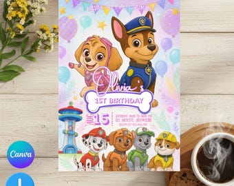 編集可能なPaw-ty誕生日招待状テンプレート、キッズパーティー招待状、Puppy Patrol Pupの男の子と女の子の誕生日、すぐにダウンロード